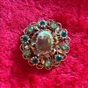 Vintage Western Germany Estate Brooch with Green and Silver Accents